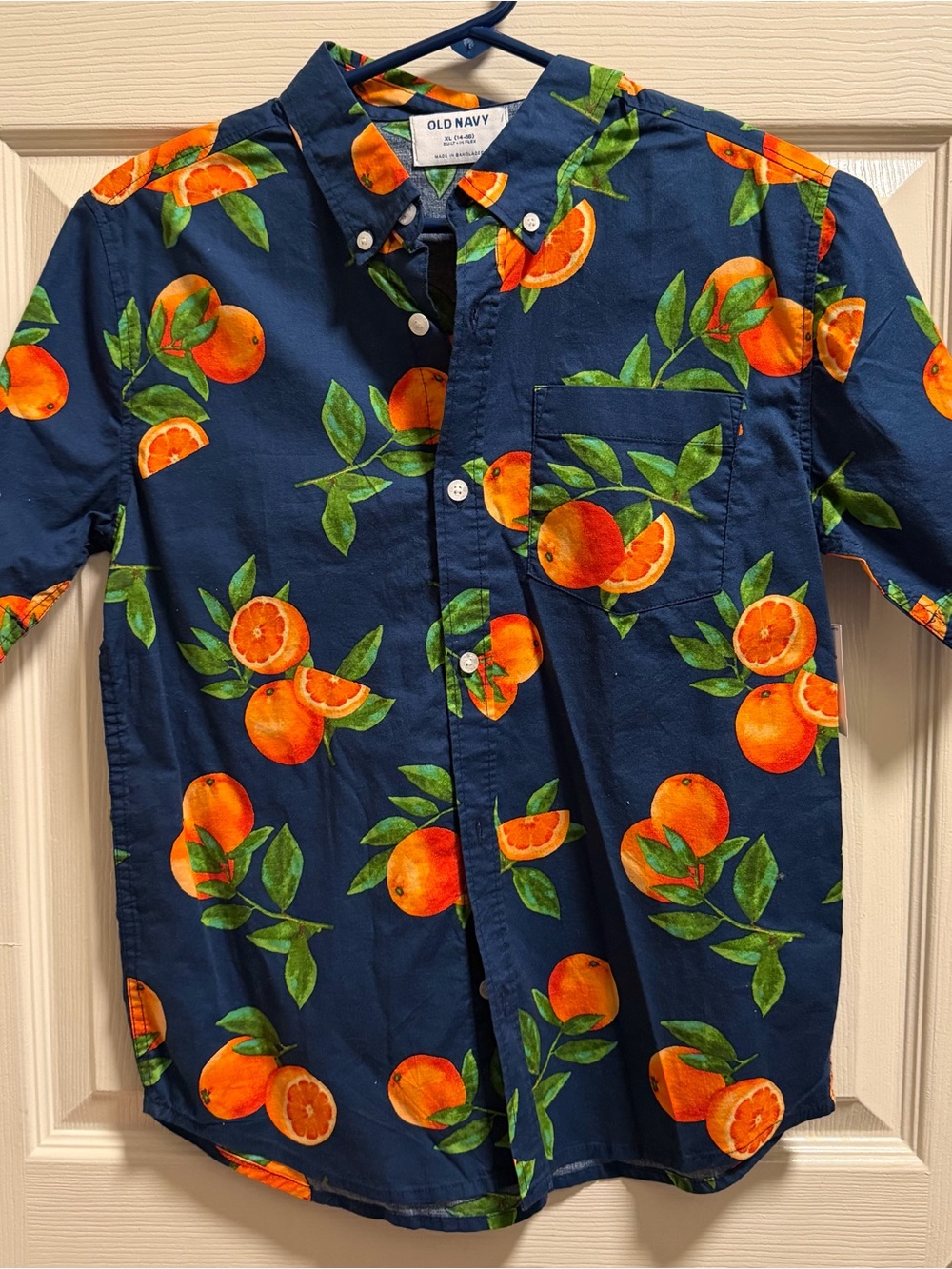 Old Navy boys XL Navy Short-Sleeve Button-Up Shirt with Orange Print